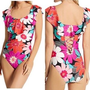 LA BLANCA In Full Bloom Women's Off The Shoulder Ruffle Swimsuit Size 10 NWT